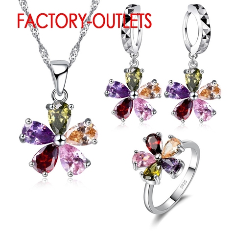 Pendant Necklace Hoop Earrings Ring Jewelry Set 925 Sterling Silver Austrian Colourful Crystal Lovers' Gift For Anniversary ► Photo 1/6