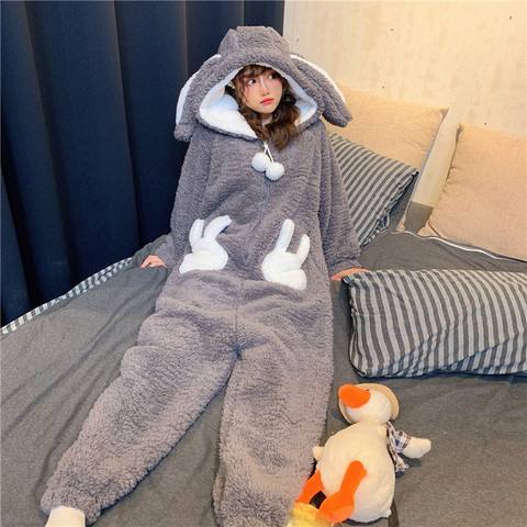 Winter Thicken Onesie Pajamas Women Warm Plush Kawaii Animal Rabbit Halloween Cosplay Bunny Homewear Sleepwear Jumpsuit Costume ► Photo 1/6