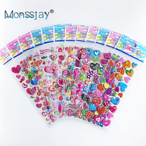 12 Sheets/pack Love Heart Shape Hot 3D Cute Sticker Toy Kids DIY Bubble PVC Stickers Lovely Reward Sticker For Children ► Photo 1/6