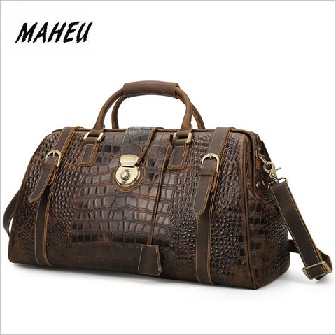 MAHEU Genuine Leather Men's Travel Bag Alligator Strip Real Leather Overnight Weekend Bag Large Capacity Men Hand Luggage Bag ► Photo 1/6