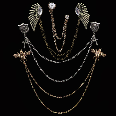 New Men Women Shirt Collar Tassel Chain Lapel Pin Brooch Dragon Eagle Deer Head Wings Badge Retro Unisex Jewelry Accessories ► Photo 1/6