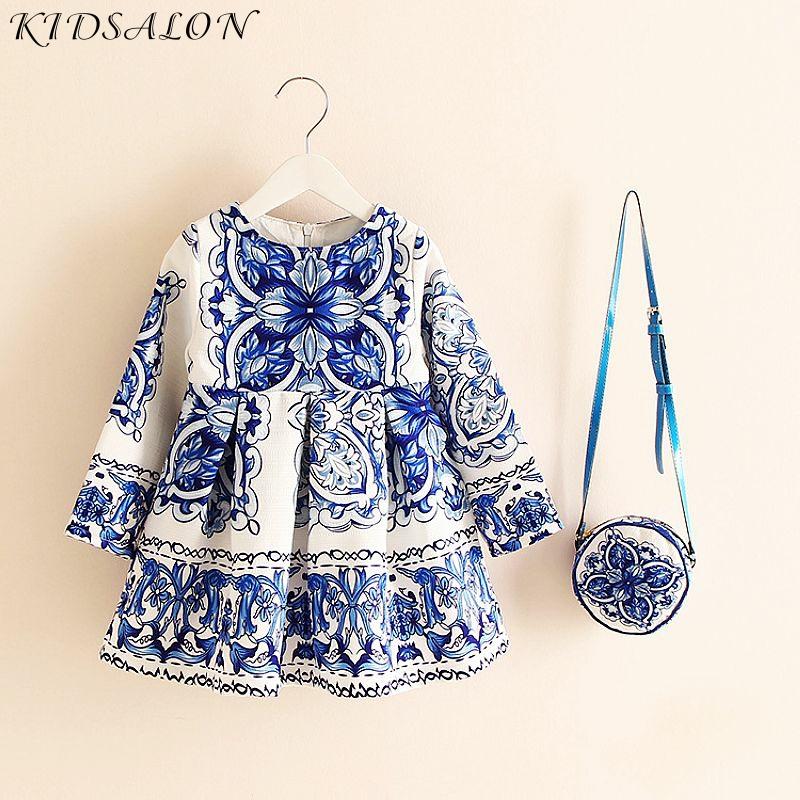 Long Sleeve Dress Girl Christmas Dress 2022 Autumn Winter Floral Print Toddler Girl Dresses Kids Clothes Children Dress with Bag ► Photo 1/6