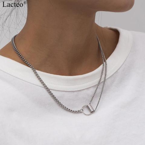 Lacteo Simple Minimalist Stainless Steel Double layer Chain Choker Necklace Fashion Circle Buckle Jewelry for Men and Women Gift ► Photo 1/6