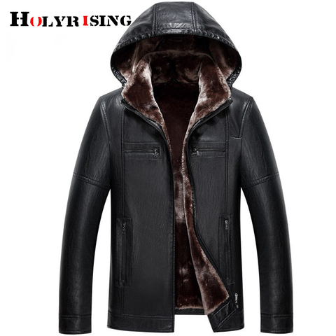 Holyrising men leather Jacket hooded removable plus size velvet padded Faux Jacket Mens Warm PU Leather Jackets Coats 19066 ► Photo 1/6
