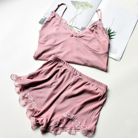 New Style Summer Night Pajamas Sets Women Fashion Lace Elastic Comfortable Pajamas Set Girls Sexy Camis and Shorts Set ► Photo 1/5