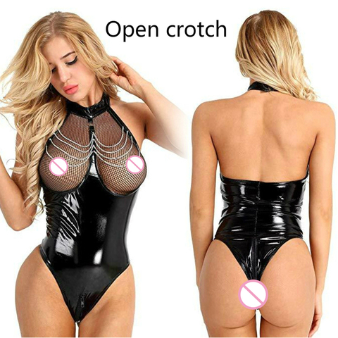 Erotic Sexy Crotchless Latex Catsuit  Fishnet Clothing  Open Crotch Jumpsuit  Patent Leather Breast Exposing Bodysuit Lingerie ► Photo 1/6