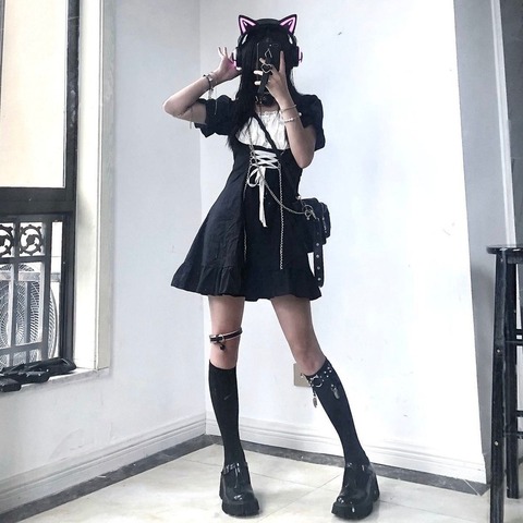 QWEEK Goth Maid Dress Kawaii Gothic Maid Outfit Lolita Cosplay Maid Costumes E Girl Puff Sleeve Bandage Dress 2022 Mall Goth Emo ► Photo 1/6