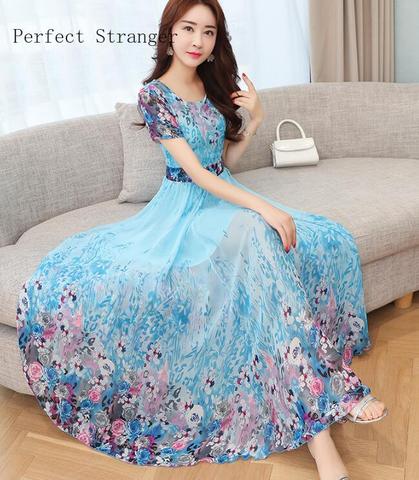 High Quality 2022 Summer New Arrival Round Collar Short Sleeve Flower Printed Chiffon  Woman Long Dress Plus Size S-3XL ► Photo 1/6