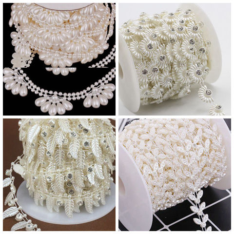 Lace Fabric 1Yards/Lot Polyester Lace Trim ABS Imitation Pearl Beads Chain Pearl Lace Ribbon Trim For Wedding Party Decoration ► Photo 1/6