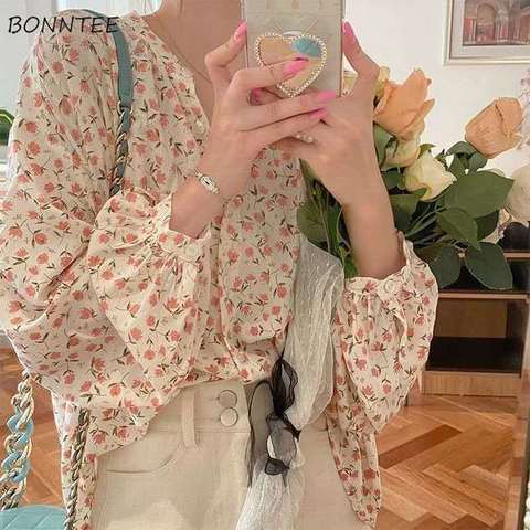 Blouses Women Autumn Floral Lantern Sleeve O-neck Button Leisure Sweet French Style Ulzzang Chic All-match Tops Loose Female Hot ► Photo 1/6