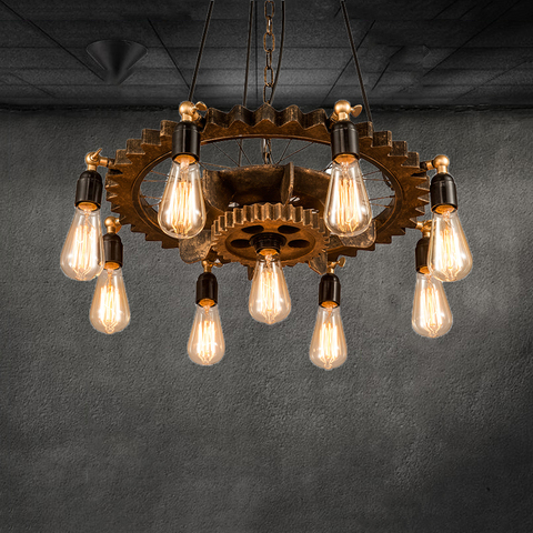 Creative retro loft  chandelier 9 heads wood pendant lamp restaurant living room dining room foyer cafe club bar light headlight ► Photo 1/6
