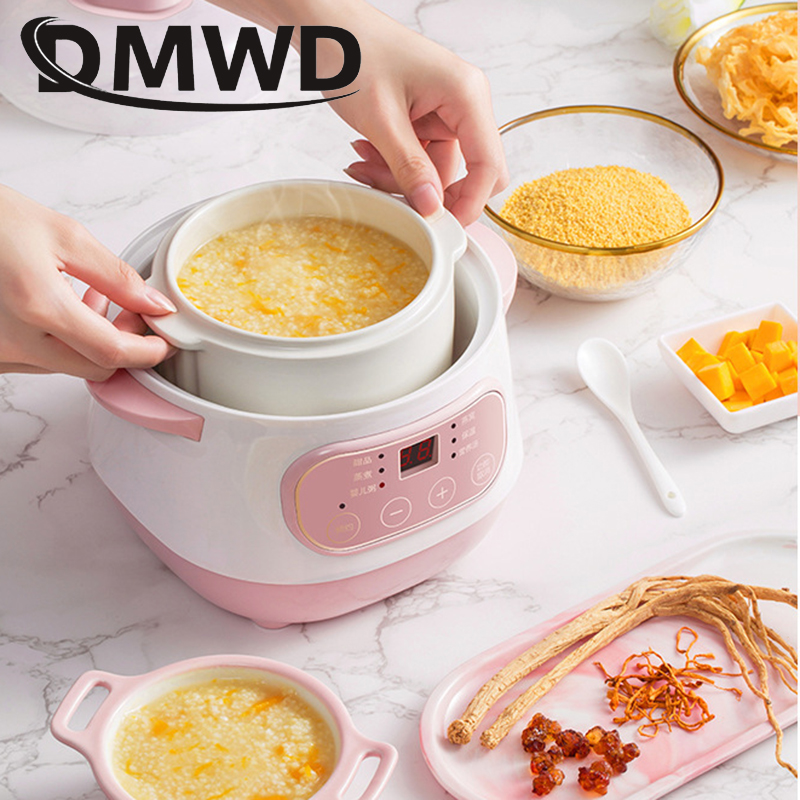 DMWD Electric Intelligent Slow Cooker Mini Timer Water Heater Stewing Soup  Porridge Cooking Pot Ceramic Baby Food Cooker 0.7L EU