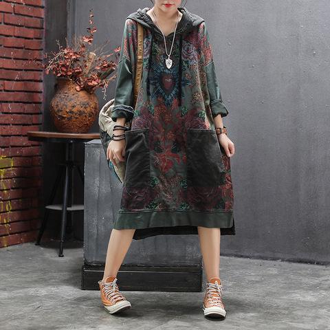 Autumn Winter Dress Retro Women Large size Loose Casual Dress 2022 New Ladies Hooded Drawstring Print pocket All-match Dress ► Photo 1/6