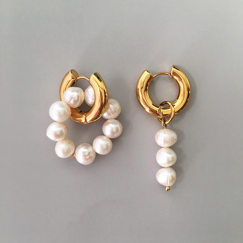 Peri'sBox Asymmetric Natural Freshwater Pearl Hanging Earrings Double Circle Dangle Earrings French Unusual French Drop Earrings ► Photo 1/6
