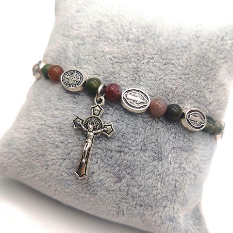 Komi Catholic Religious Agates Stone Beads Alloy Bracelets Men Women Christ Jesus Orthodox Cross Pendant Rosary Bracelets R-341 ► Photo 1/6