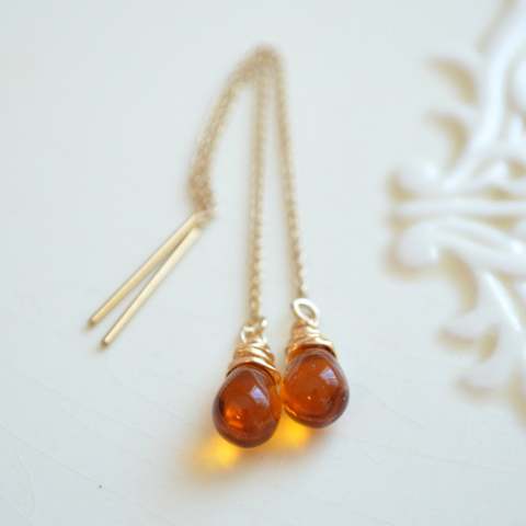 Topaz Threader Earrings, Smooth Glass Teardrop, Cable Chain, Delicate, Dainty, Wire Wrapped ► Photo 1/4