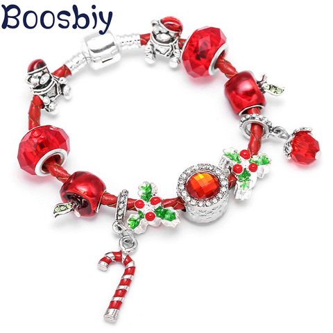 Boosbiy Dropshipping Red Leather Charm Bracelet With Seld Dangle Charms Brand Bracelet For Women Diy Christmas Gift ► Photo 1/6