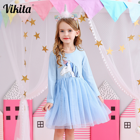 VIKITA Kids Princess Dresses Long Sleeve Girls Unicorn Cartoon Dress Baby Girls Birthday Party Costumes Children Tutu Dresses ► Photo 1/6