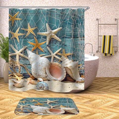 Beach Shell Sea Waterproof Shower Curtain Printed Bath Curtains for Bathroom Bathtub Bathing Cover Extra Large Wide 12pcs Hooks ► Photo 1/6