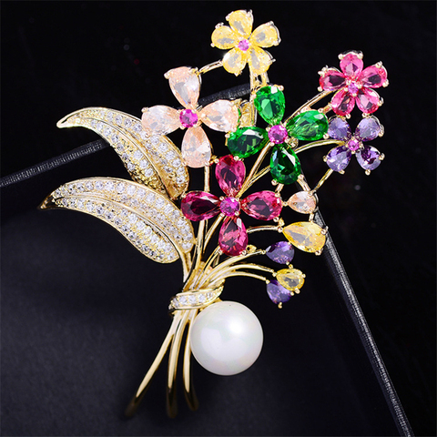 Luxury Colorful Flower AAA Cubic Zirconia Brooches For Women Pearl Pins Brooch Sweater Corsage Crystal Rhinestone Accessories ► Photo 1/6