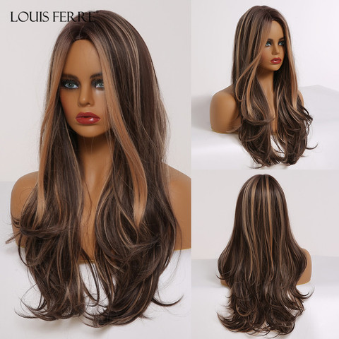 LOUIS FERRE Long Black Brown Gloden Honey Wavy Wig with Highlights Cosplay Synthetic Wigs Women Heat Resistant Middle Part Wigs ► Photo 1/6