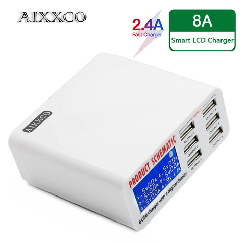 AIXXCO 6A with LCD Digital Display 6 Port USB Charger Fast Smart Charging Station for iPhone Xiaomi Huawei Samsung Tablet ► Photo 1/6