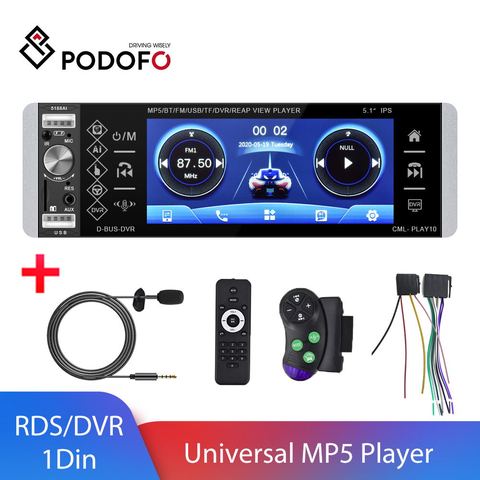 Podofo 1 Din 5.1'' Universal RDS MP5 Car Radio Player Music Movie Player Voice Assistant With FM USB SD DVR Touch Screen ► Photo 1/6