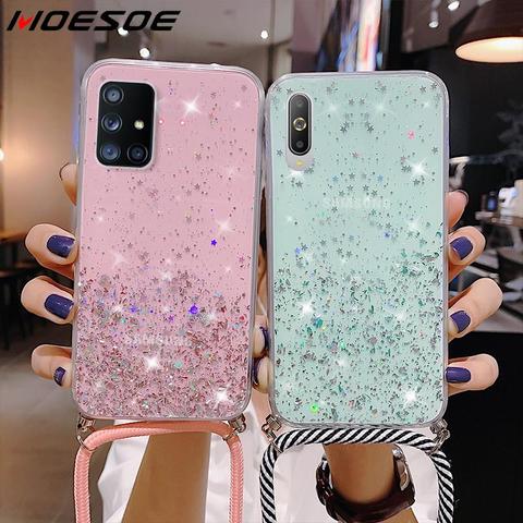 With Neck Strap Rope Cord Clear Glitter Case For Samsung Galaxy A51 A50 A71 A70 S20 FE Ultra S10 Plus Lite A21S A31 A41 A30 M31 ► Photo 1/6