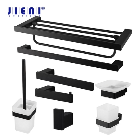 JIENI Stainless Steel Bathroom Hardware Set Black Matte Paper Holder Toothbrush Holder Towel Bar Bathroom Accessories ► Photo 1/6