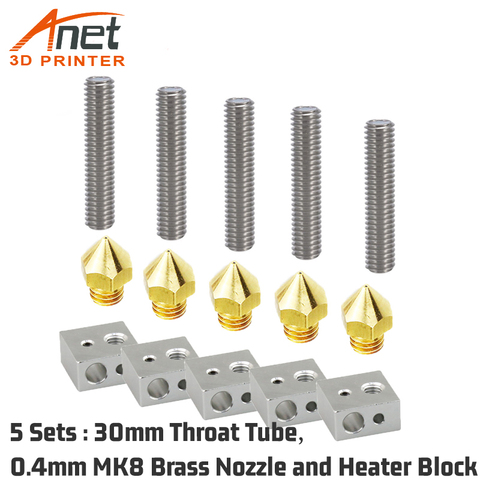 5Sets 0.4mm MK8 Brass Nozzle 5p 30mm/40mm Throat Tube and Heater Block Heating Hotend for MK8 Makerbot Anet A8 3D Printer ► Photo 1/6