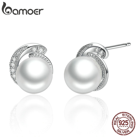 BAMOER Pearl Earrings Jewelry 925 Sterling Silver White Pearl Push-back Stud Earrings For Women Fashion Jewelry SCE021 ► Photo 1/6