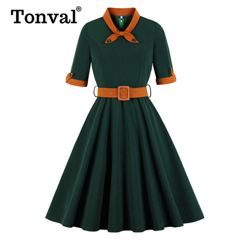 Tonval Green Contrast Bow Neck and Cuff Vintage Belted Dress Half Sleeve Autumn Women Fit and Flare Retro Swing Dresses ► Photo 1/6