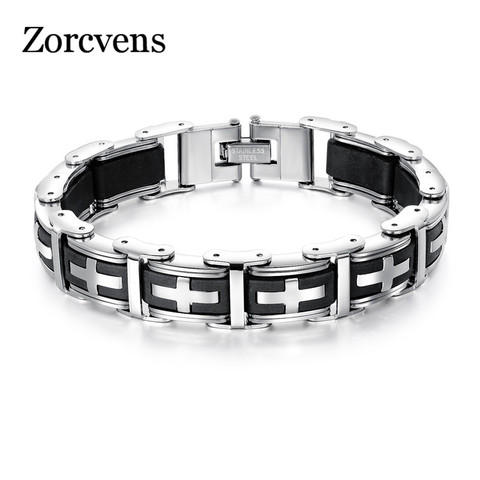 ZORCVENS Stainless Steel Cross Symbol Charm Bracelet Men Top Quality Black Rubber Silicone Wristband Religious Jewelry ► Photo 1/6