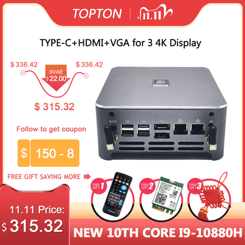 TOPTON Hot Mini PC Windows 10 Intel i9 10880H 8 Core 16 Threads 2*DDR4 2*M.2 NVME 2*Lan Barebone PC DP HDMI HTPC NUC 4K Computer ► Photo 1/6