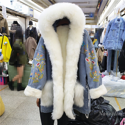 2022 Winter Imitation Rabbit Fur Denim Parka Women's Long Design Vintage Embroidery Warm Hooded Overcoat Plus Thick Fur Coat ► Photo 1/6