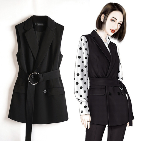 Womens Blazer Vest Elegant Office Lady Coat Female Waistcoat Causal Work Sleeveless Jacket Top Belted Black Waistcoat Plus Size ► Photo 1/3