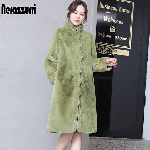 Nerazzurri winter colored faux fur coat women scallop trim Army green black fluffy jacket warm plus size furry fake fur jacket ► Photo 1/5