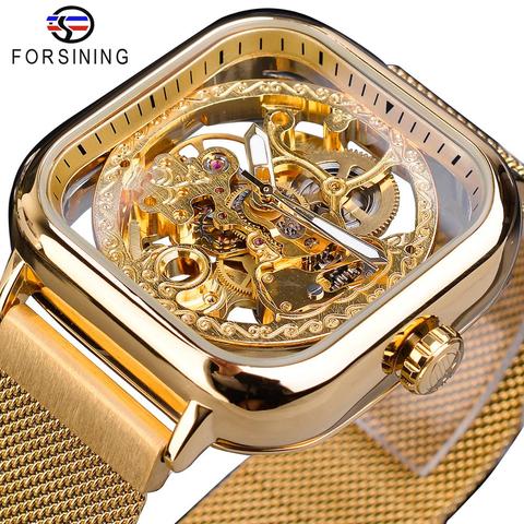 Forsining Men Mechanical Watches Automatic Self-Wind Golden Transparent Fashion Mesh Steel Wristwatch Skeleton Man Male Hot Hour ► Photo 1/6