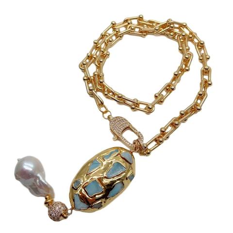 Gold color Plated Chain statement Necklace natural Blue Larimar Freshwater White Keshi Pearl Pendant necklace for women ► Photo 1/6