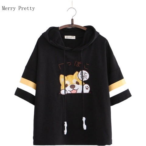 Hooded T Shirts Cartoon Dog Embroidery Funny T Shirt 2022 Summer New Arrival Short Sleeve O Neck Cotton T-shirt For Girl Female ► Photo 1/6
