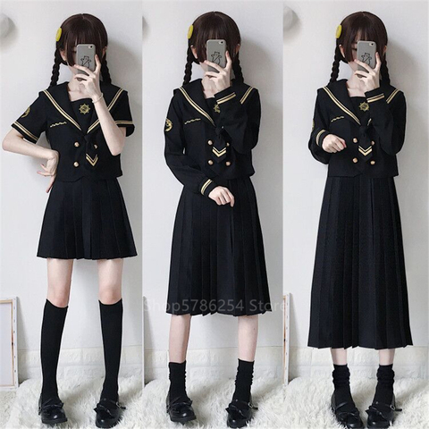 Japanese School Uniform Sailor Shirt Skirt Set Bad Girl Doll Black Gothic Solid Color Pleated JK Suit High School Student Outfit ► Photo 1/6