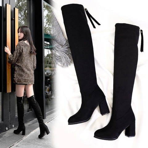 2022 winter new ladies fashion comfortable plus cotton warm boots women casual sexy Flock Zip black high heel boots mujer c96 ► Photo 1/6
