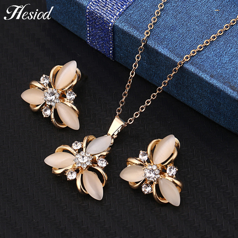Natural Cat's Eye Stone Jewelry Sets Gold Color Pendant Necklace Earrings Set For Women Bridal Wedding Crystal Jewelry Gift ► Photo 1/6