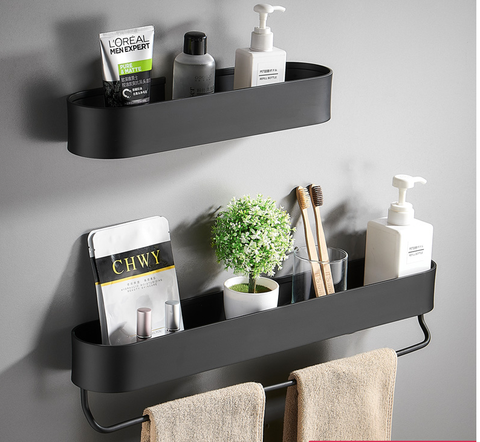 Black Bathroom Shelf 30/40/50 cm Kitchen Wall Shelves Shower Basket Storage Rack Towel Bar Robe Hooks Bathroom Accessories ► Photo 1/6