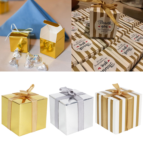 Wedding Decoration Small Gift Box Bulk Candy Boxes with Ribbons Gold Striped Box Party Favors Baby Shower Birthday Supplies ► Photo 1/6