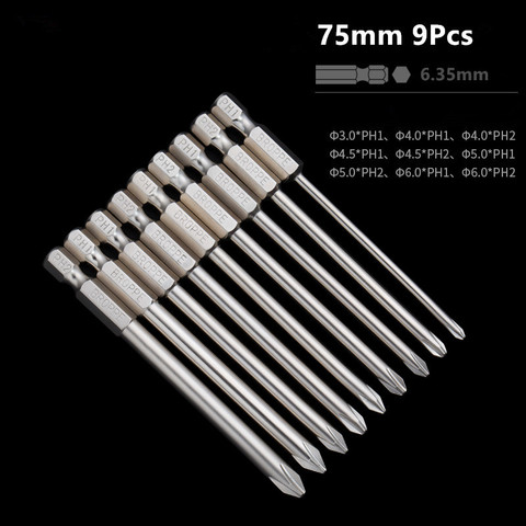 Broppe 9pcs 75mm Magnetic S2 Alloy Steel Cross Head Screwdriver Bits 1/4 Inch Hex Shank ► Photo 1/1