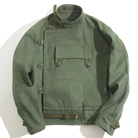 Maden Army Green Retro Jacket Misplaced Oblique Buckle Swedish Motorcycle Men's Jacket AMEKAJI Cotton Washed XXXL Jacket ► Photo 1/6