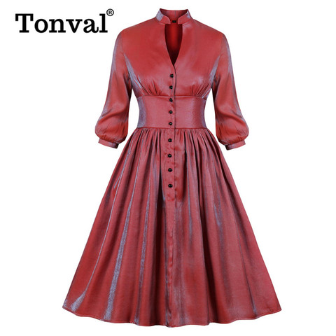 Tonval Red High Waist Deep V Neck Single Breasted Midi Glitter Dresses Women Party Night Autumn Ruched Vintage Pleated Dress ► Photo 1/6