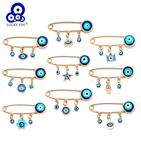 Lucky Eye Blue Turkish Evil Eye Brooch Pin for Women Men Dropping Oil Flower Crown Star Hamsa Hand Charm Fashion Jewelry BD52 ► Photo 1/6