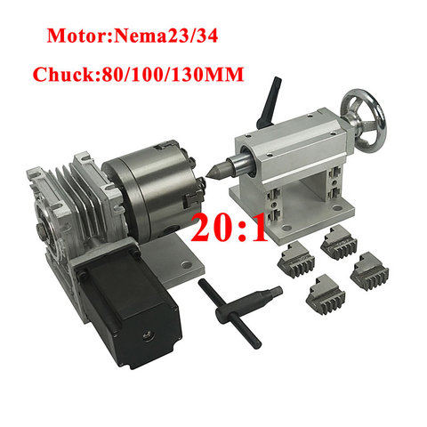 4 axis cnc 4 jaw chuck 80mm 100mm 130mm rotary A axis 4th axis tailstock 20:1 for cnc router engraver milling machine 4 axis kit ► Photo 1/6
